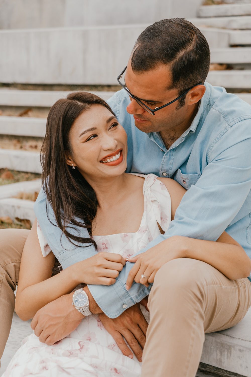 couple posing together in a bangkok park for their thailand couple shoot