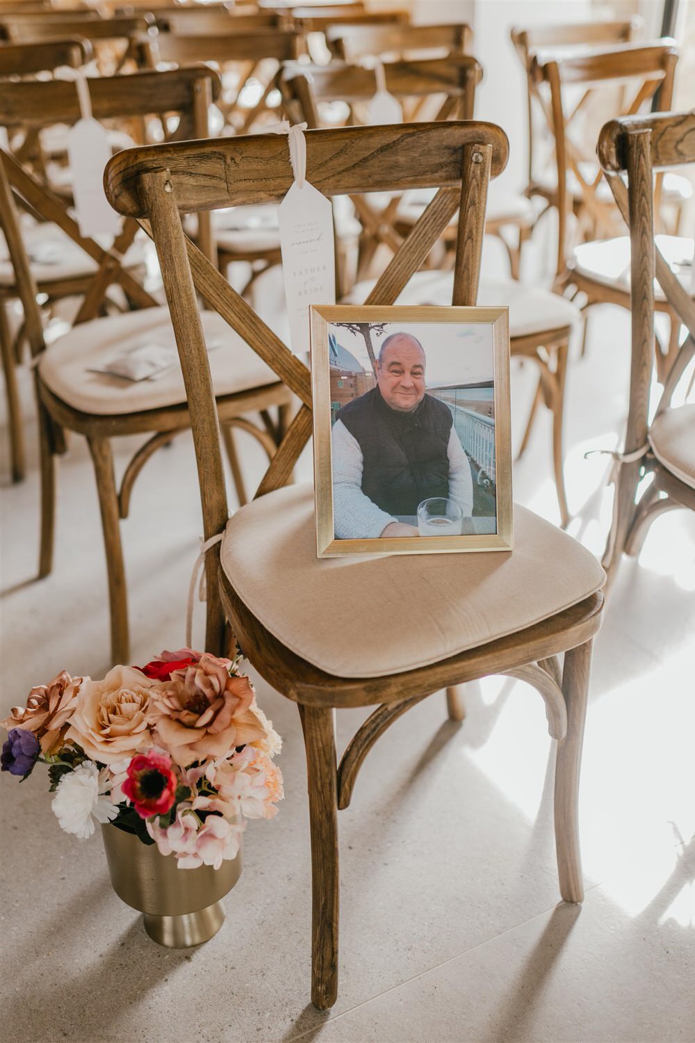memorial chair for father of the bride at chapel house estate wedding venue in kent