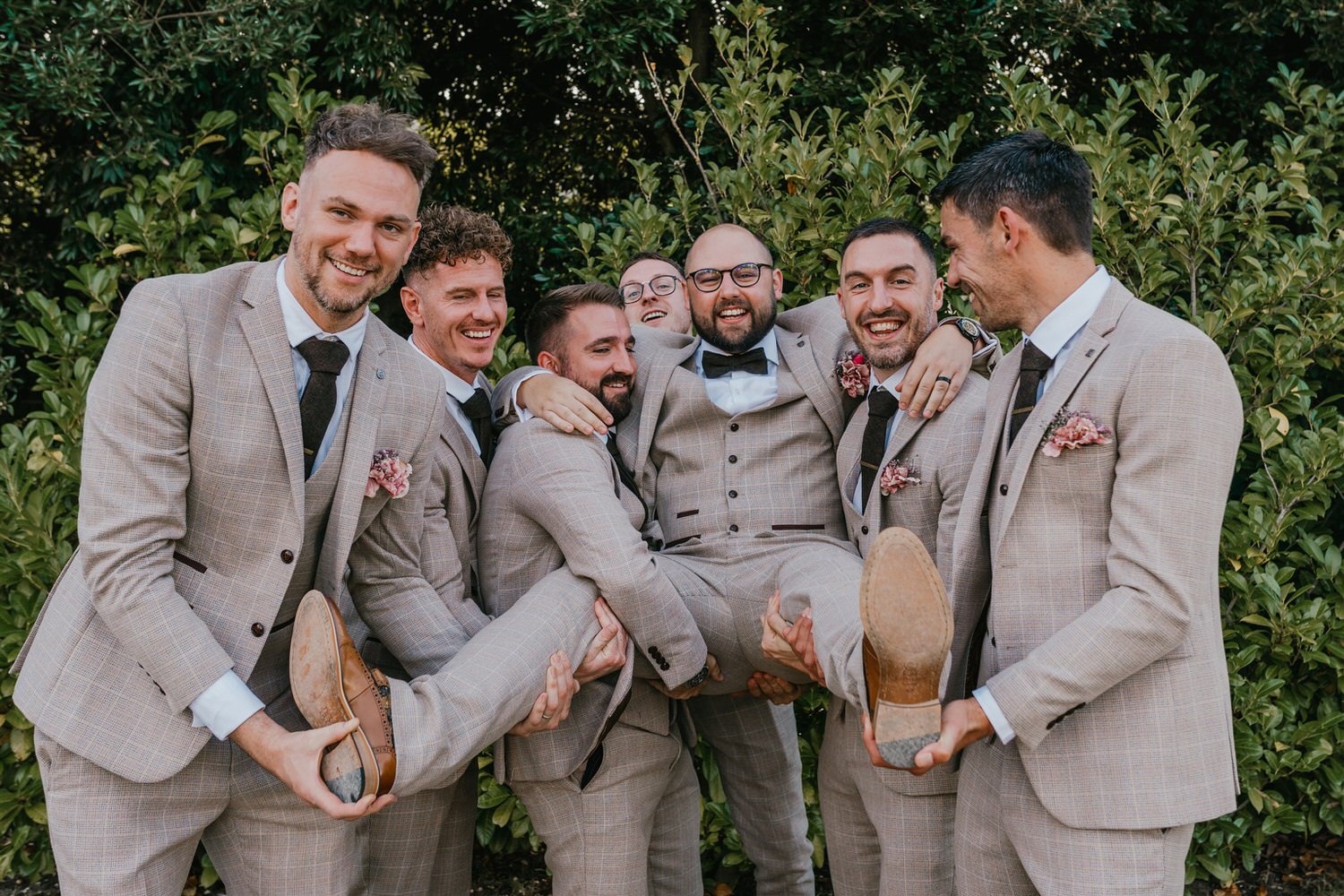 fun group photo of groomsmen at chapel house estate wedding