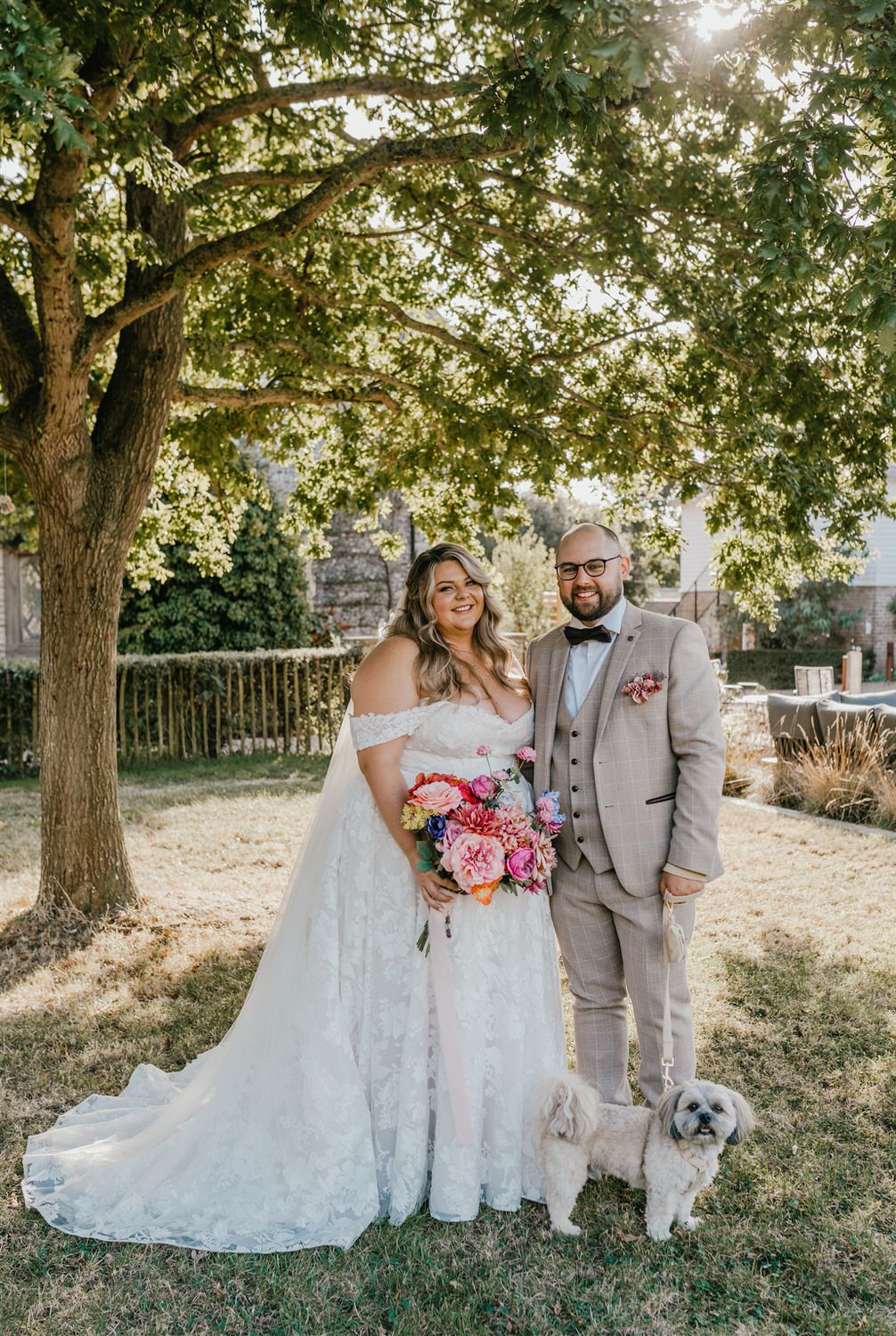 bride and groom couple portraits with dog at chapel house estate in kent