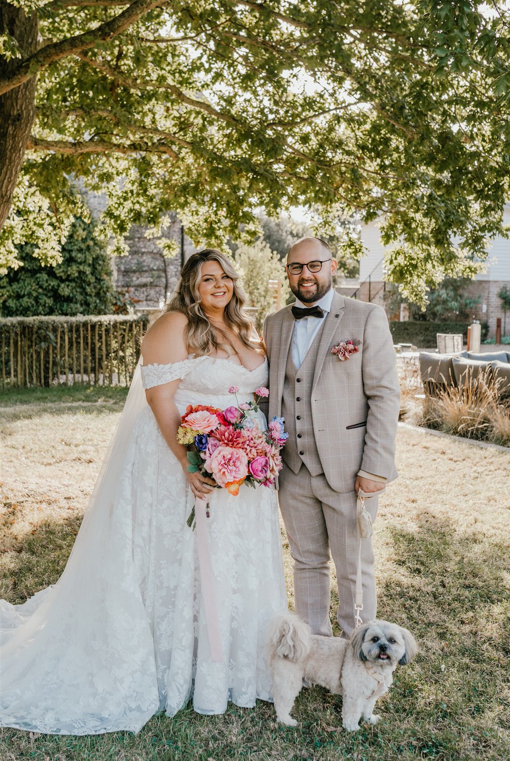 bride and groom couple portraits with dog at chapel house estate in kent