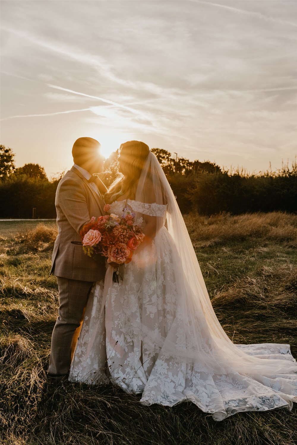 bride and groom sunset couple portraits at chapel house estate in kent