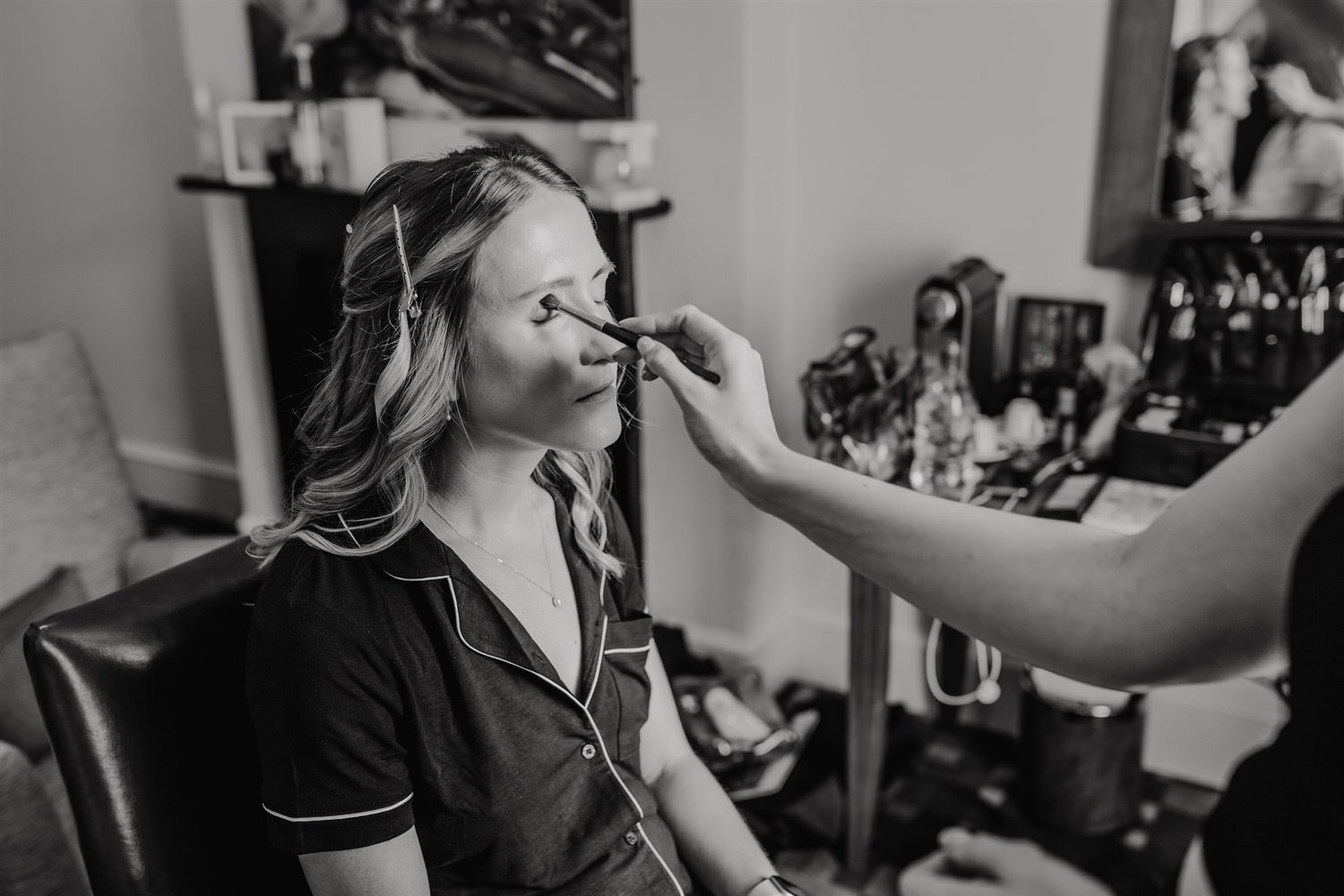 black and white photo of bridal prep at hotel du vin tunbridge wells