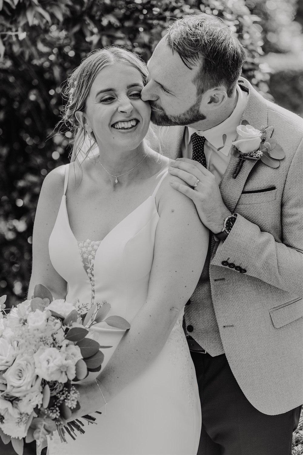black and white bride and groom couple portraits in the gardens at hotel du vin wedding in tunbridge wells