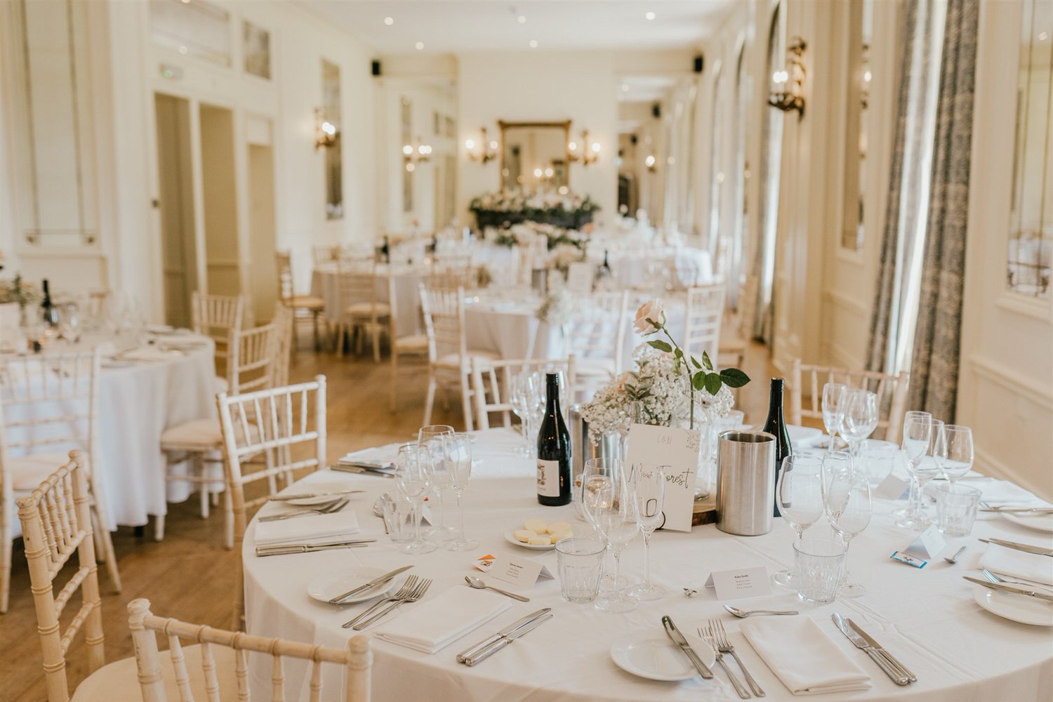 wedding breakfast setup in the ballroom at hotel du vin tunbridge wells
