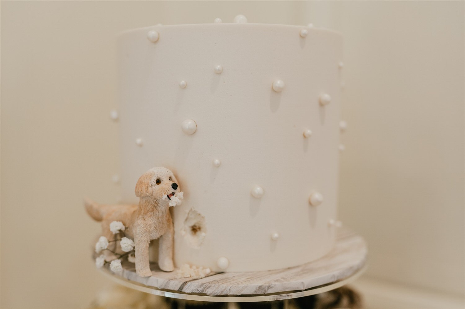 top tier of a wedding cake with dog figurine taking a bite