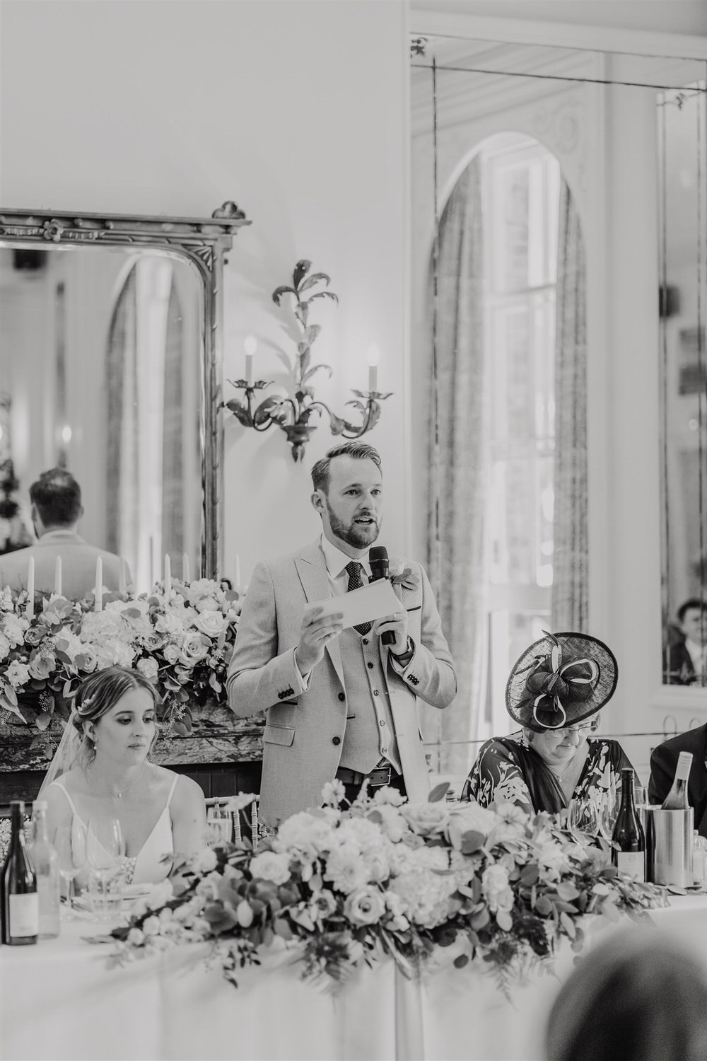 black and white photo of groom's speech in the ballroom at hotel du vin tunbridge wells