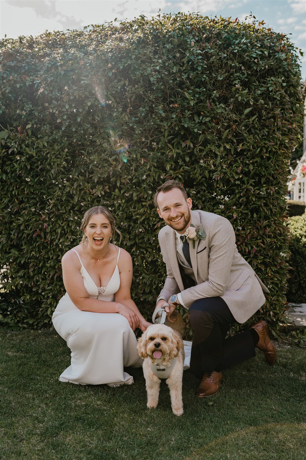 bride and groom portraits with their dog at hotel du vin tunbridge wells wedding