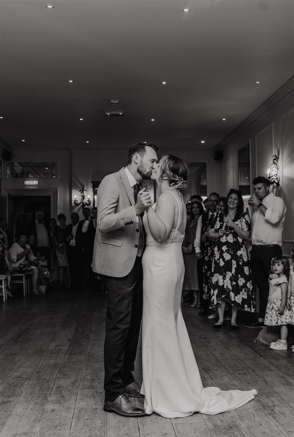 black and white photo of bride and groom first dance at hotel du vin tunbridge wells wedding