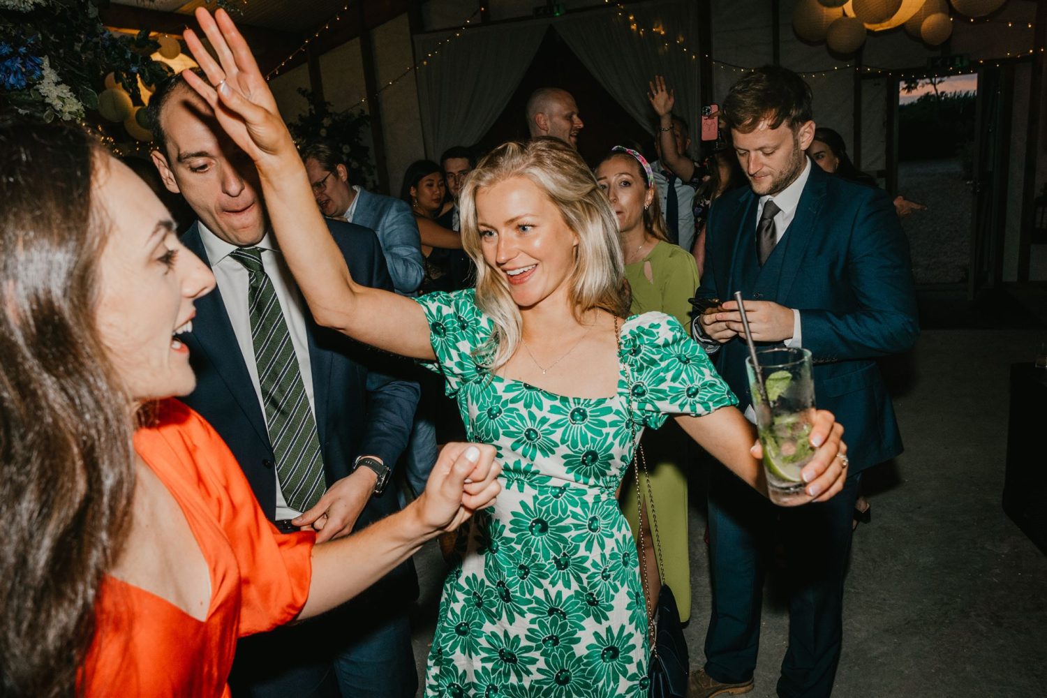 wedding guests on the dance floor at diy wedding in oxfordshire
