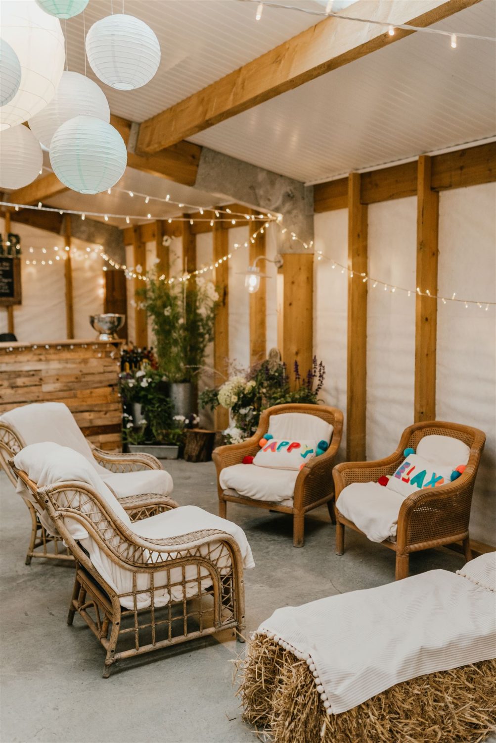 diy wedding decor setup at acorn barn wedding venue in oxfordshire
