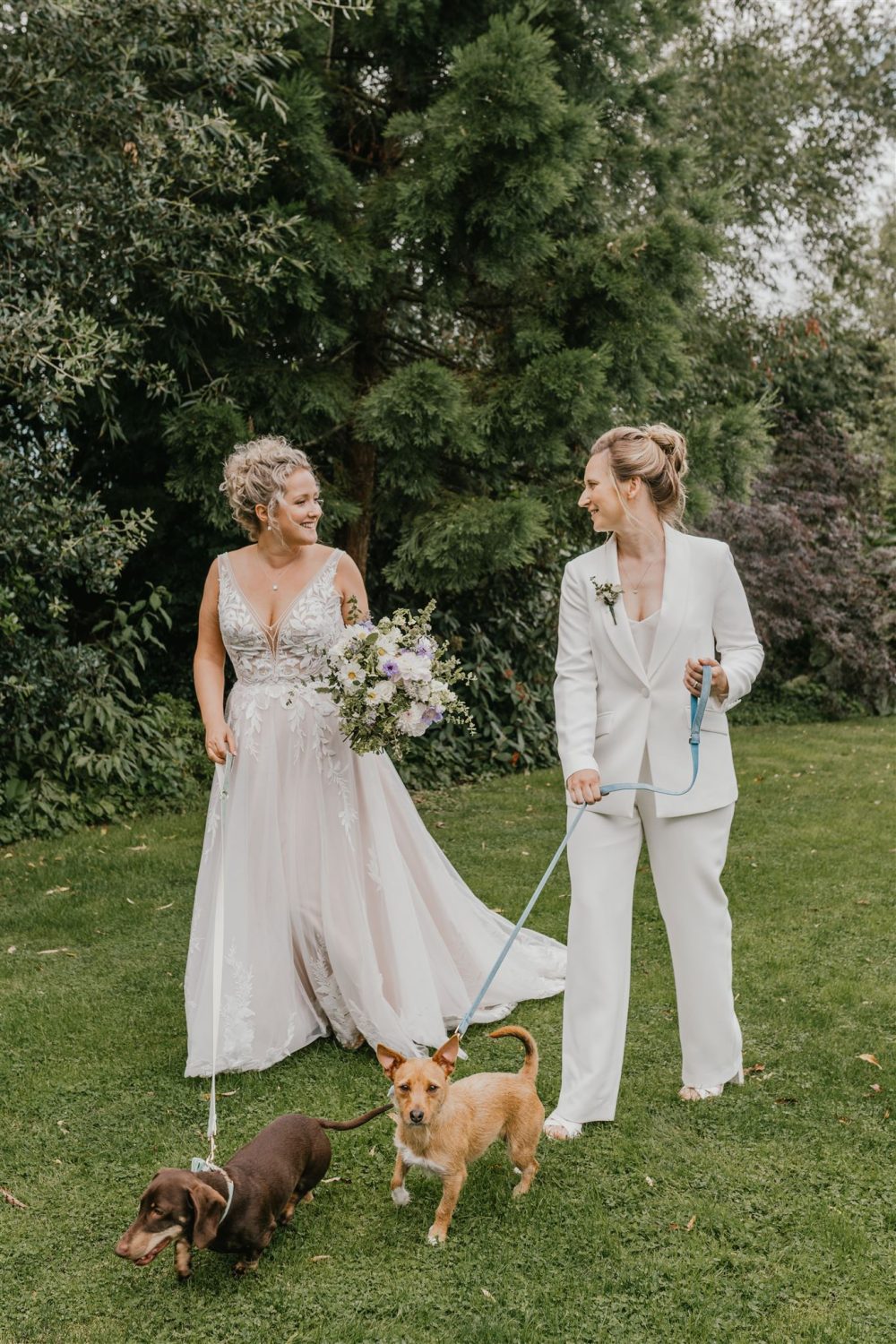 brides walking their two dogs during their wedding drinks reception