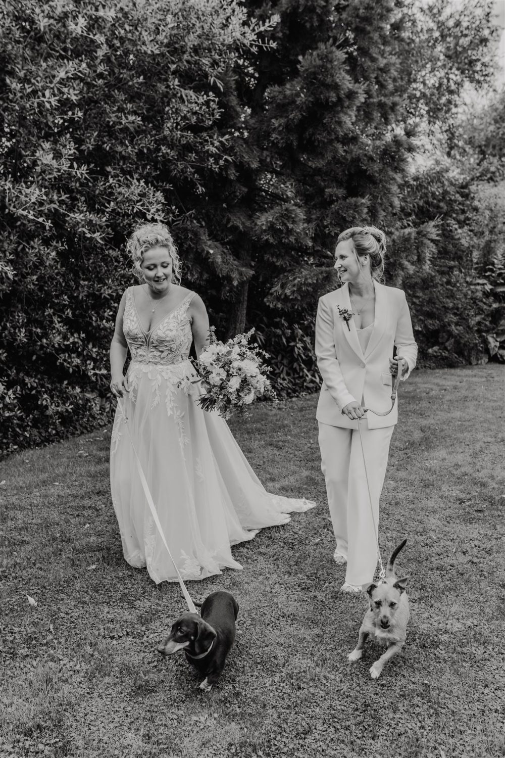 black and white photo of brides walking their two dogs during their wedding drinks reception