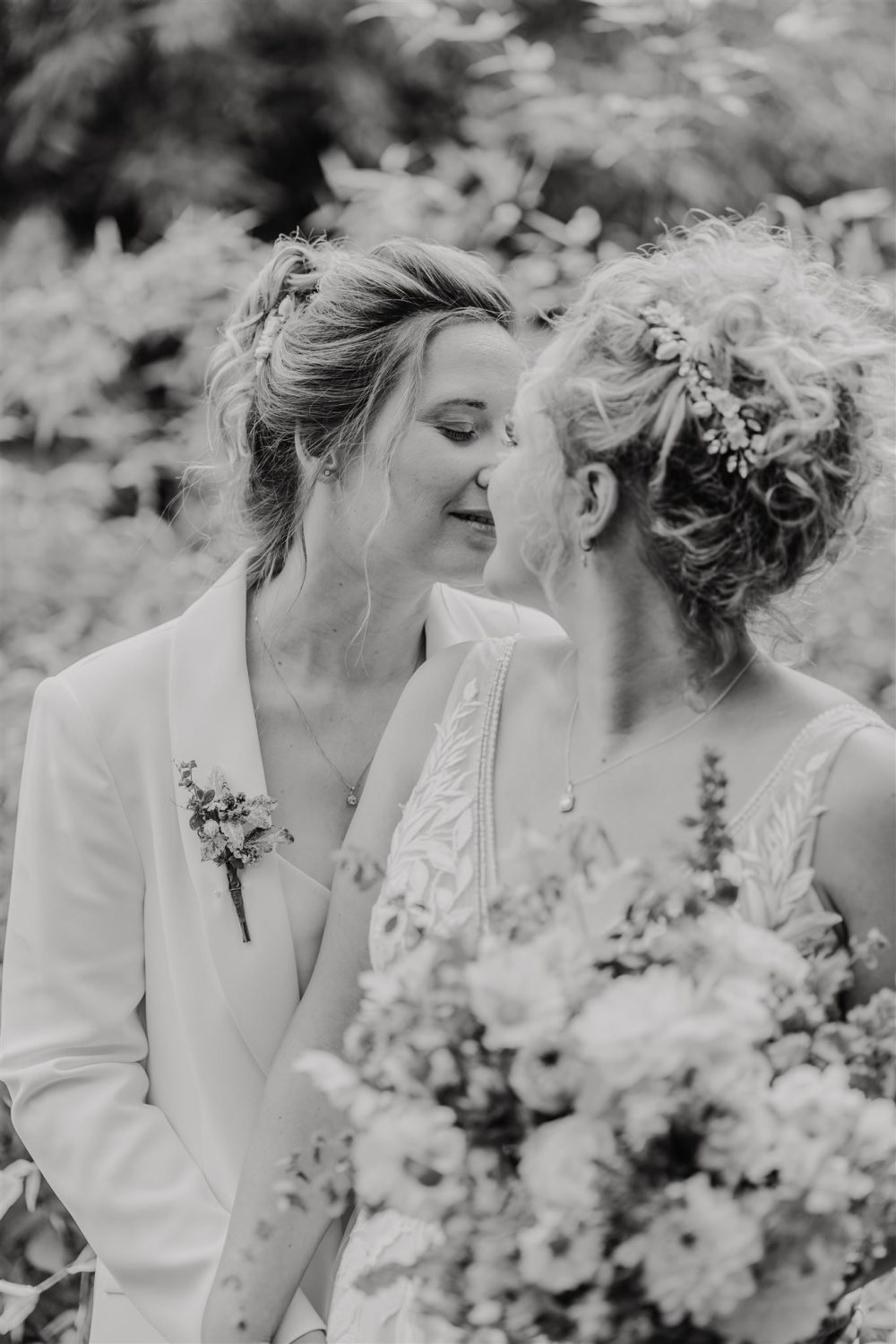 black and white couple portraits in gardens at acorn barn wedding venue in oxfordshire