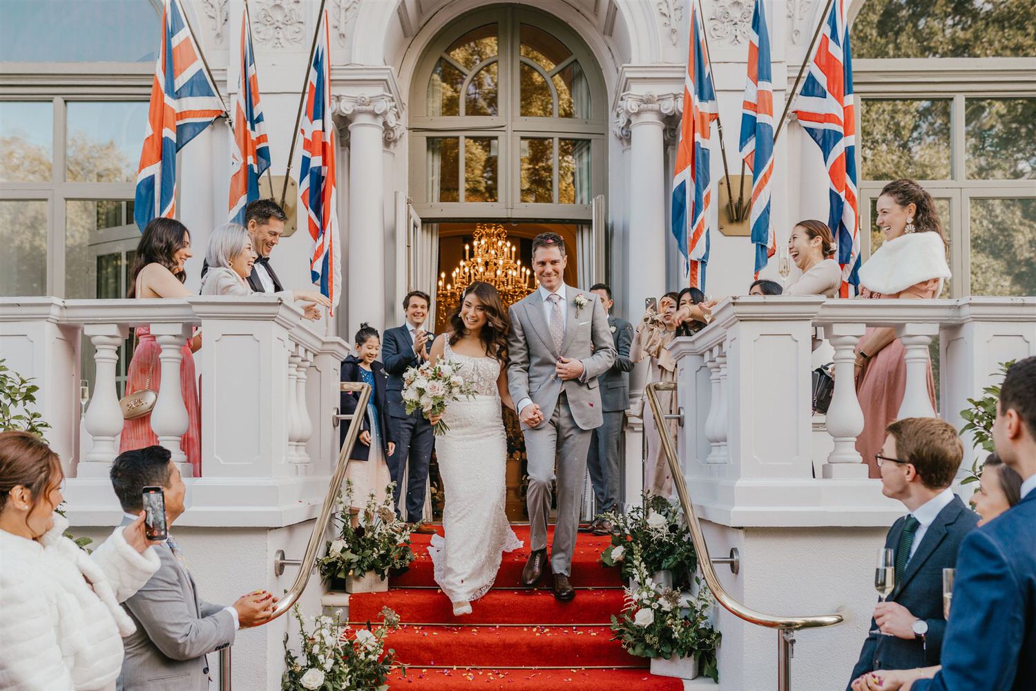 wedding confetti on the steps outside the loggia at mandarin oriental hyde park luxury wedding venue in london