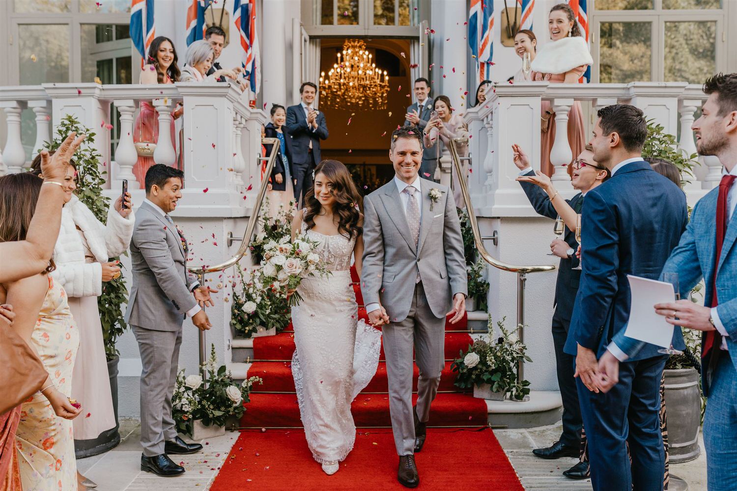 wedding confetti on the steps outside the loggia at mandarin oriental hyde park luxury wedding venue in london