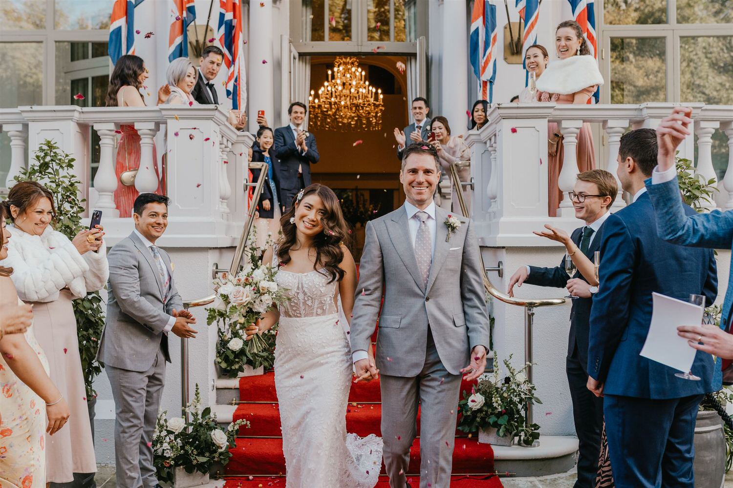 wedding confetti on the steps outside the loggia at mandarin oriental hyde park luxury wedding venue in london