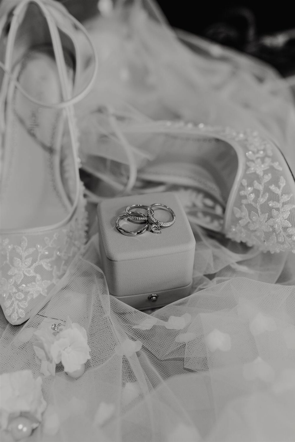 black and white photo of bridal details at mandarin oriental wedding in london