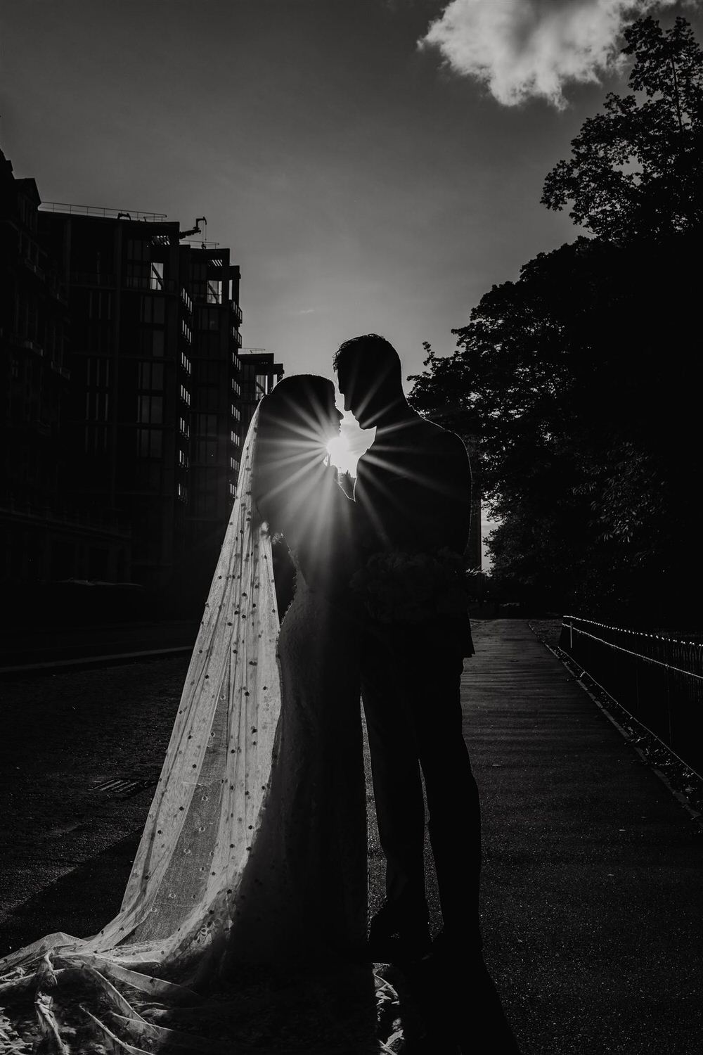 black and white golden hour couple portraits outside mandarin oriental hyde park wedding