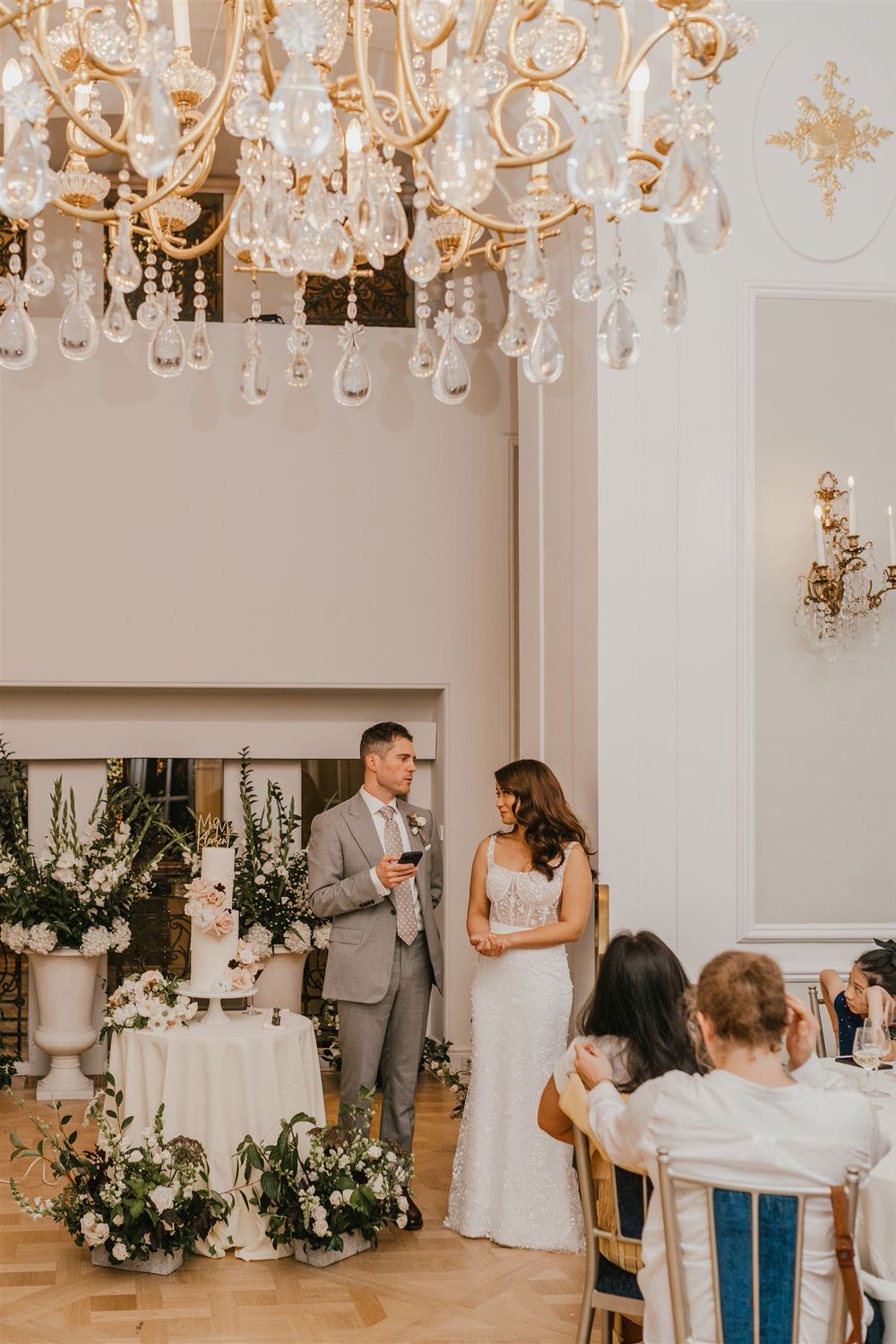 bride and groom wedding speech in the loggia at mandarin oriental wedding london