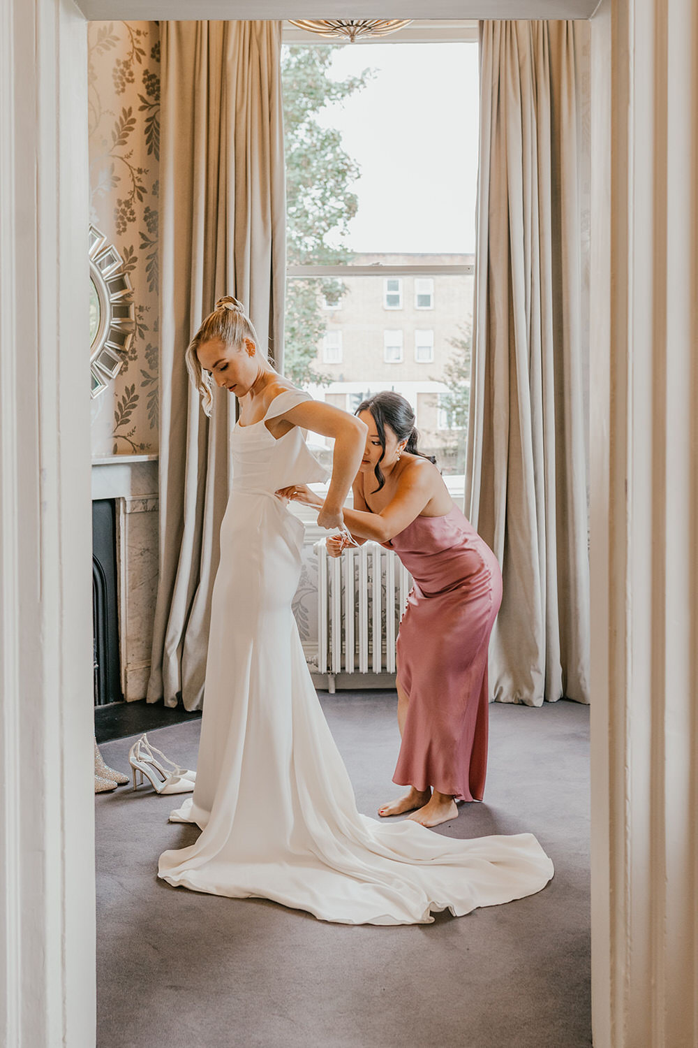 bride gets ready at morden hall wedding in london
