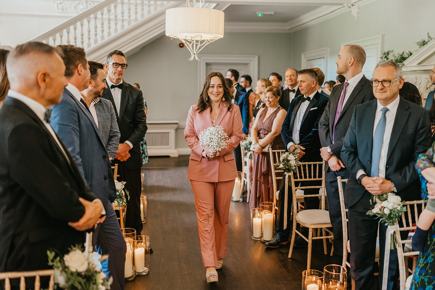 bridesmaid entrance to morden hall wedding ceremony