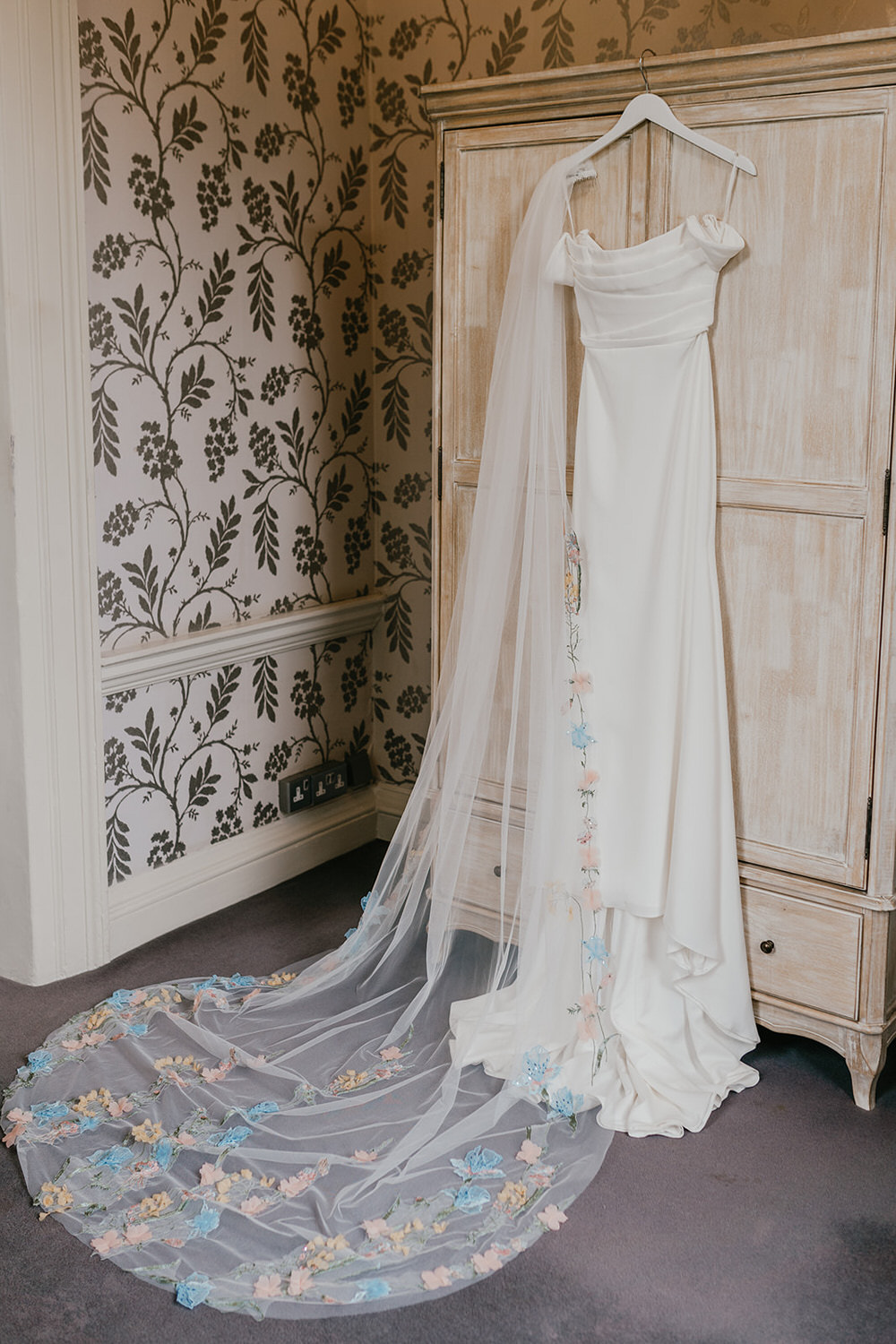 morden hall wedding bridal prep details with alena leena wedding dress and floral veil