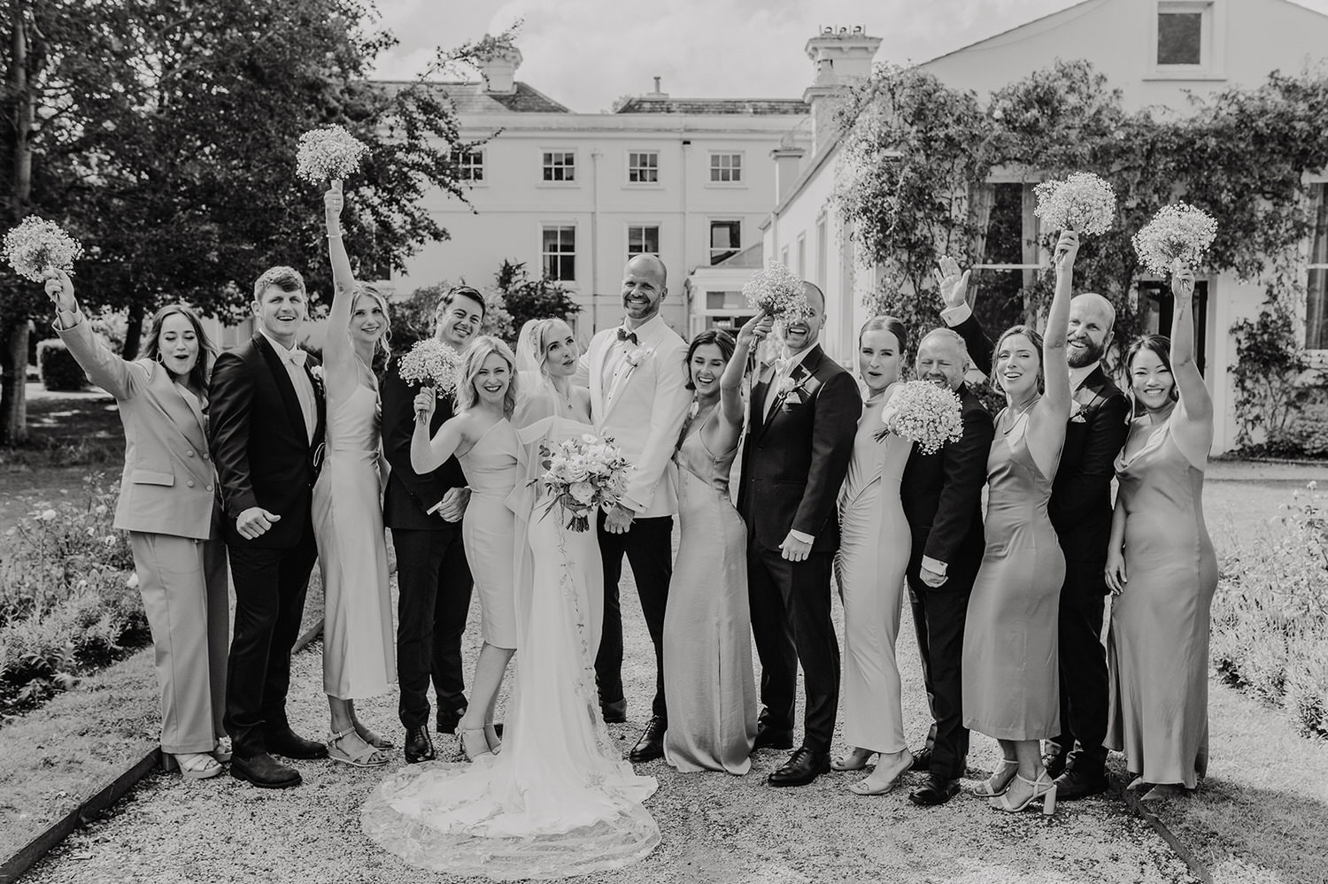 black and white bridal party portraits at morden hall wedding london