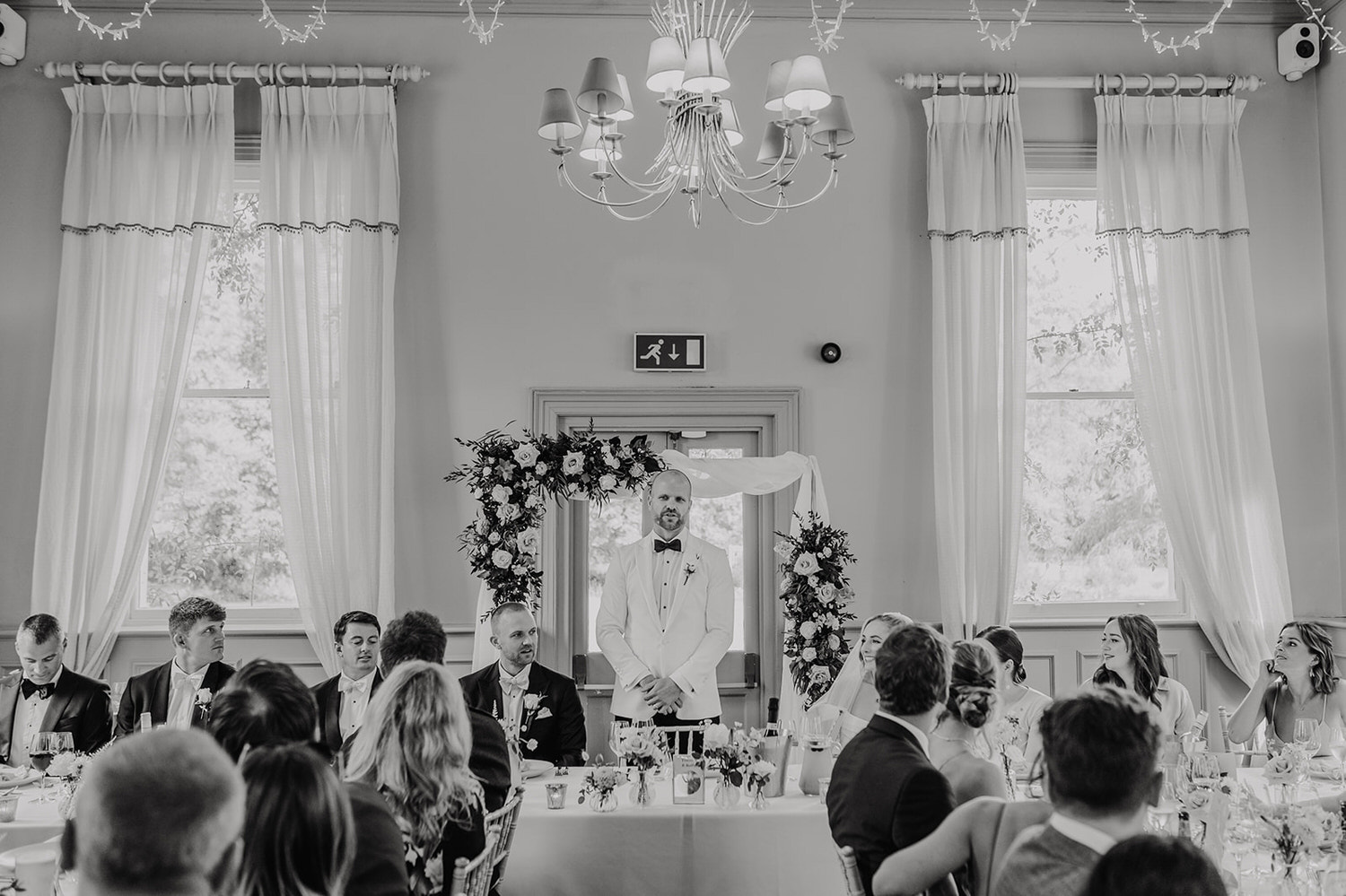 black and white wedding speeches at morden hall wedding