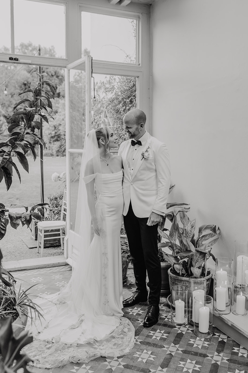 black and white bride and groom couple portraits at morden hall wedding london