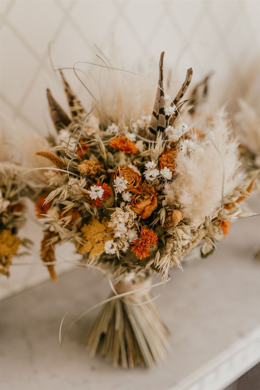 bridal bouquet of dried flowers at mount ephraim wedding in kent