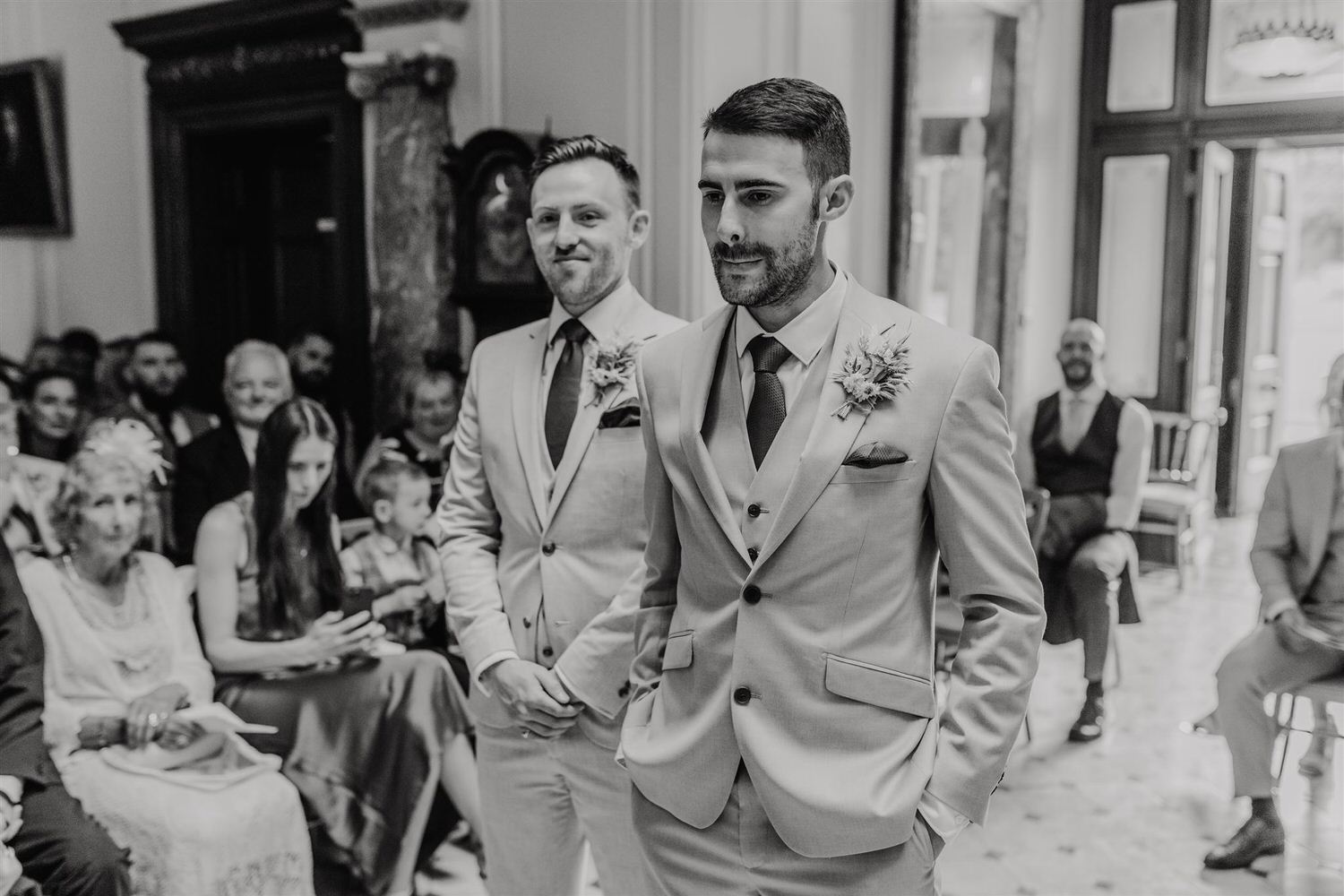 black and white photo of groom awaiting bride's arrival at mount ephraim wedding in kent