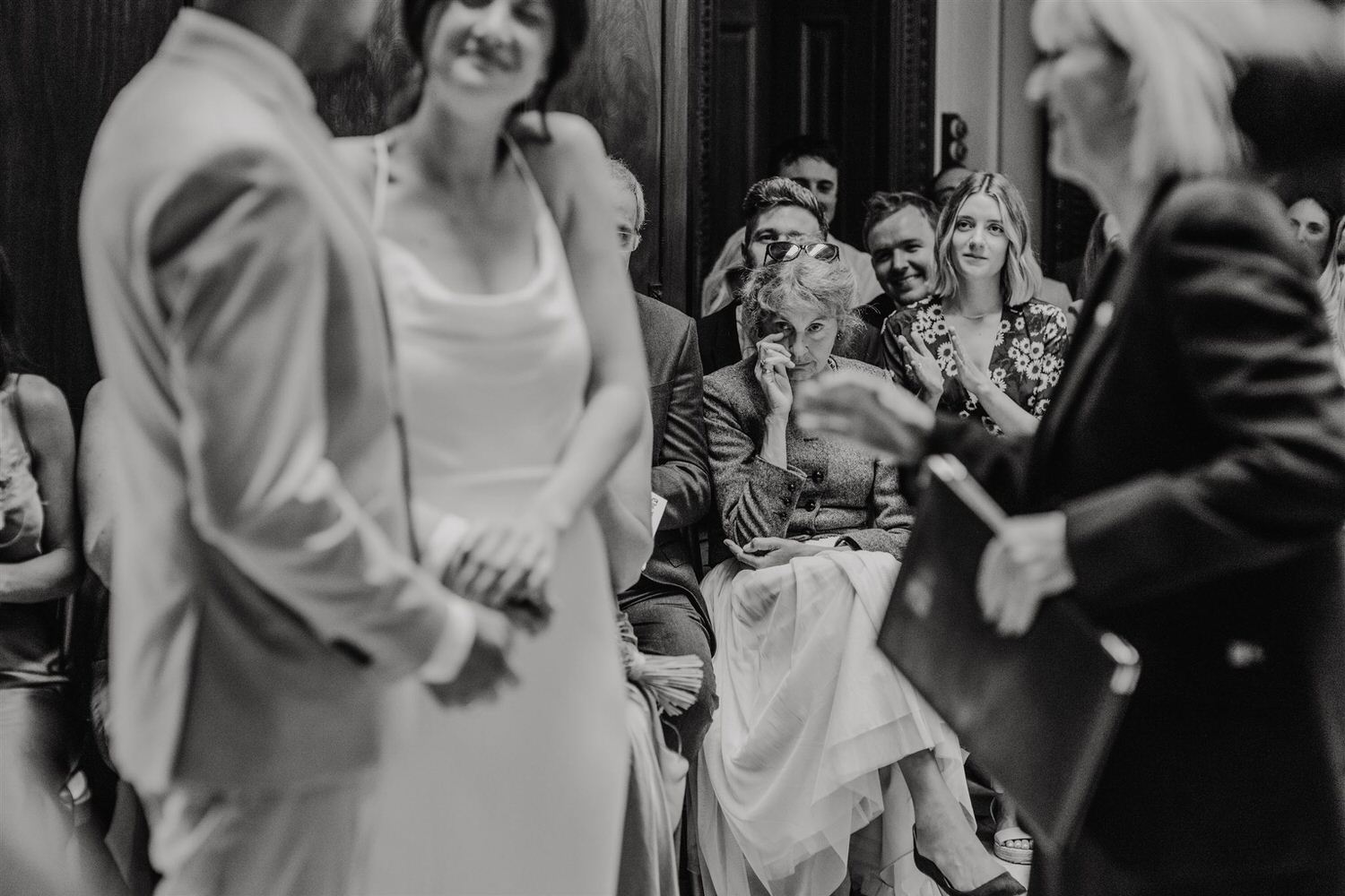 black and white photo of emotional guest at mount ephraim wedding ceremony in kent