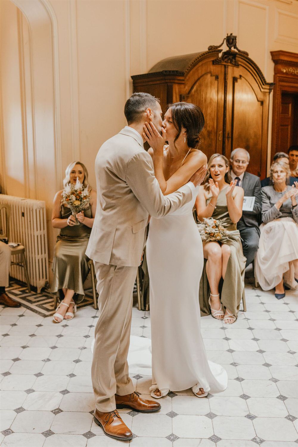 bride and groom first kiss at mount ephraim wedding in kent