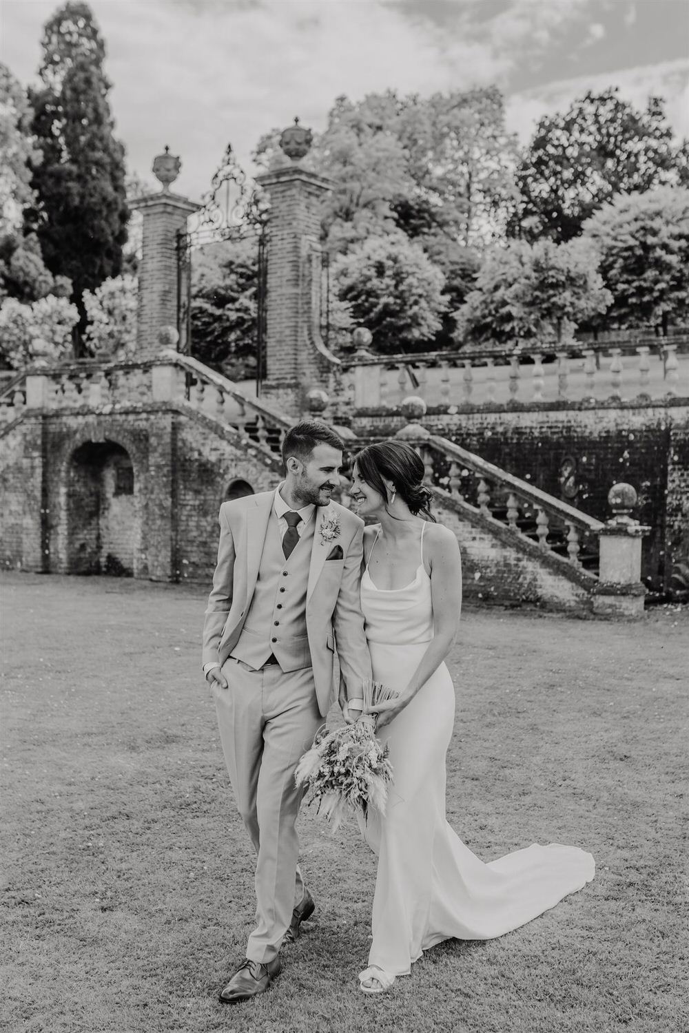 black and white couple portraits in the gardens at mount ephraim wedding venue in kent