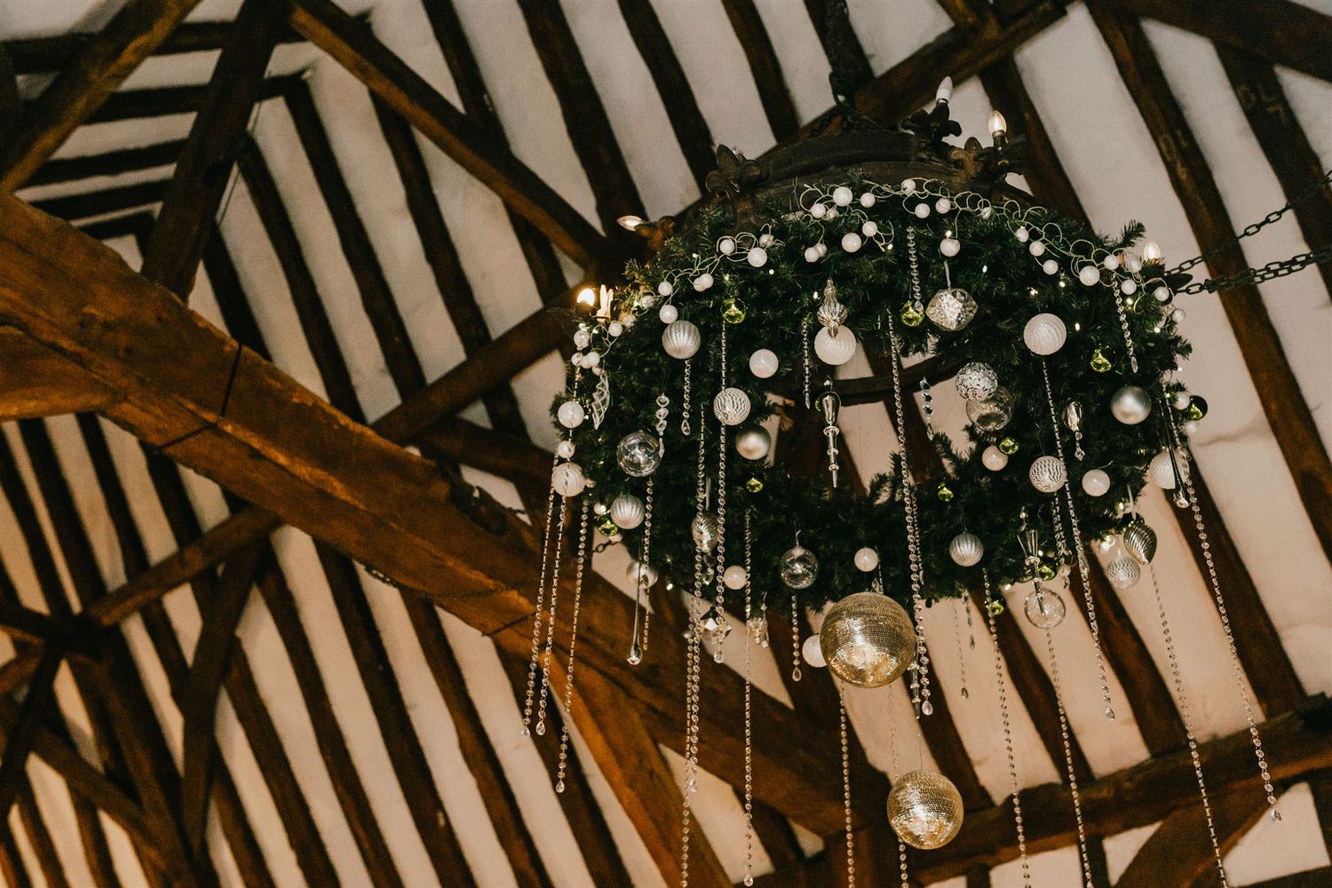 wedding breakfast setup with christmas decor at great fosters in surrey