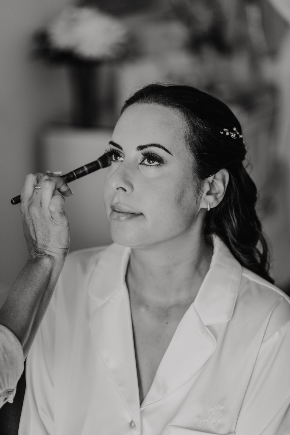 black and white photo of bridal prep at stolentime saint lucia for caribbean destination wedding