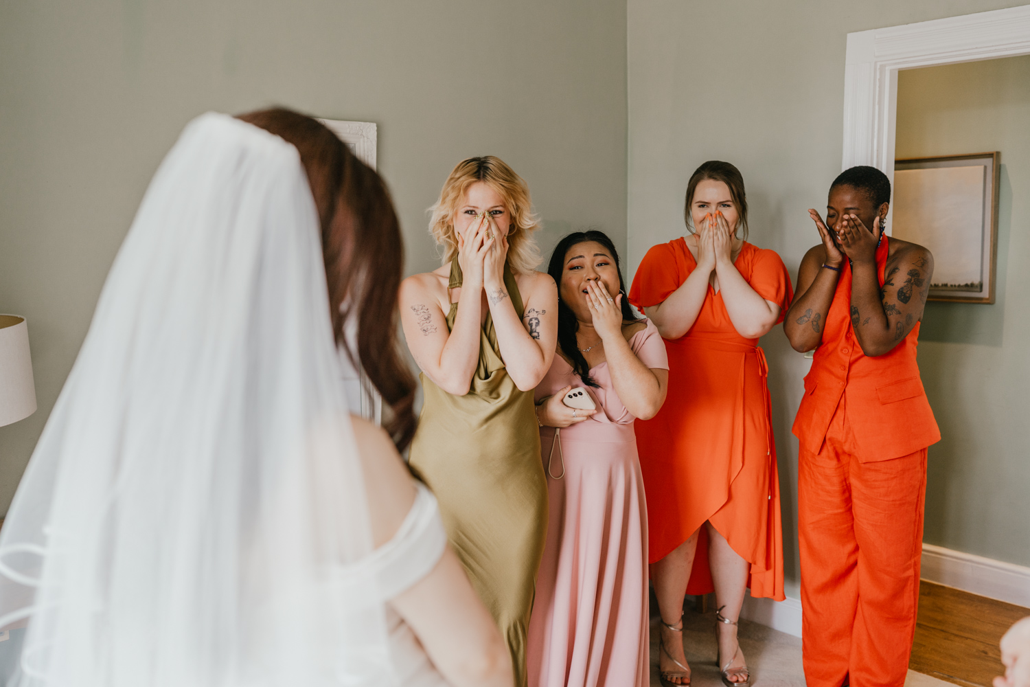 bridesmaid reaction to bride reveal at northbrook park wedding