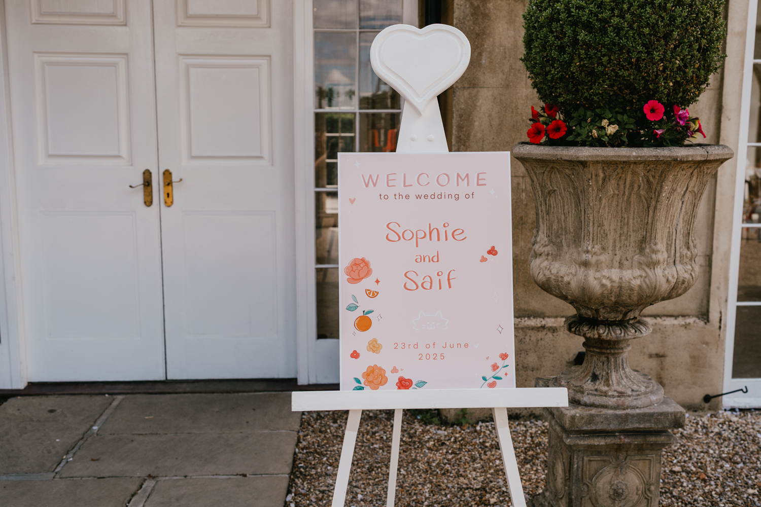 welcome sign outside the orangery at northbrook park wedding venue