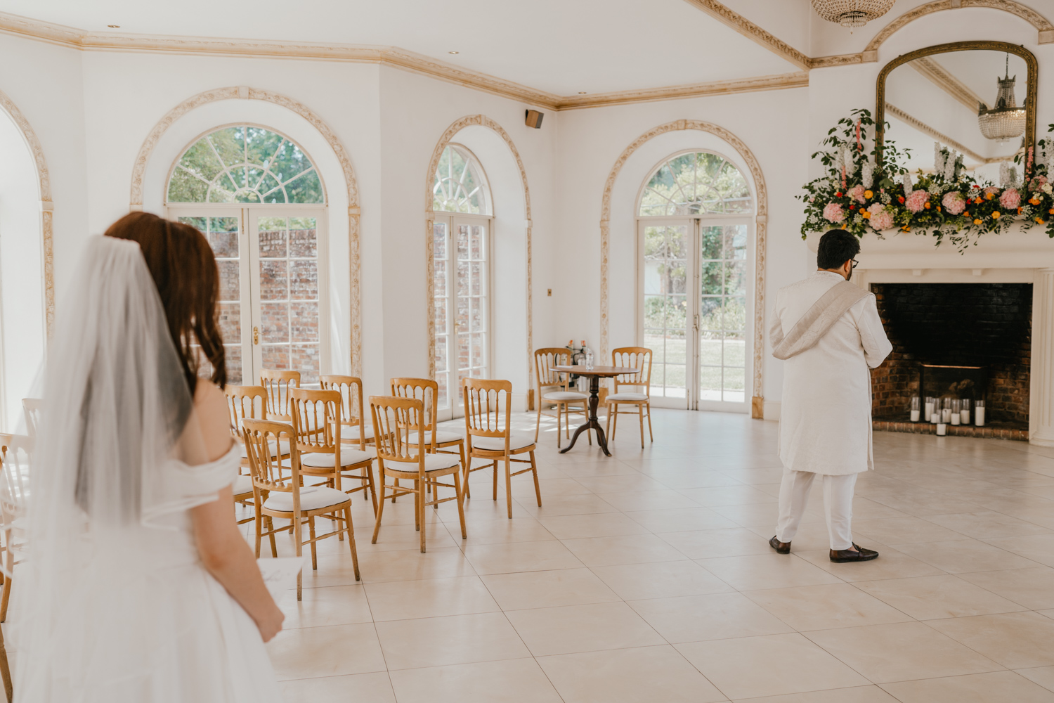bride and groom first look at northbrook park wedding