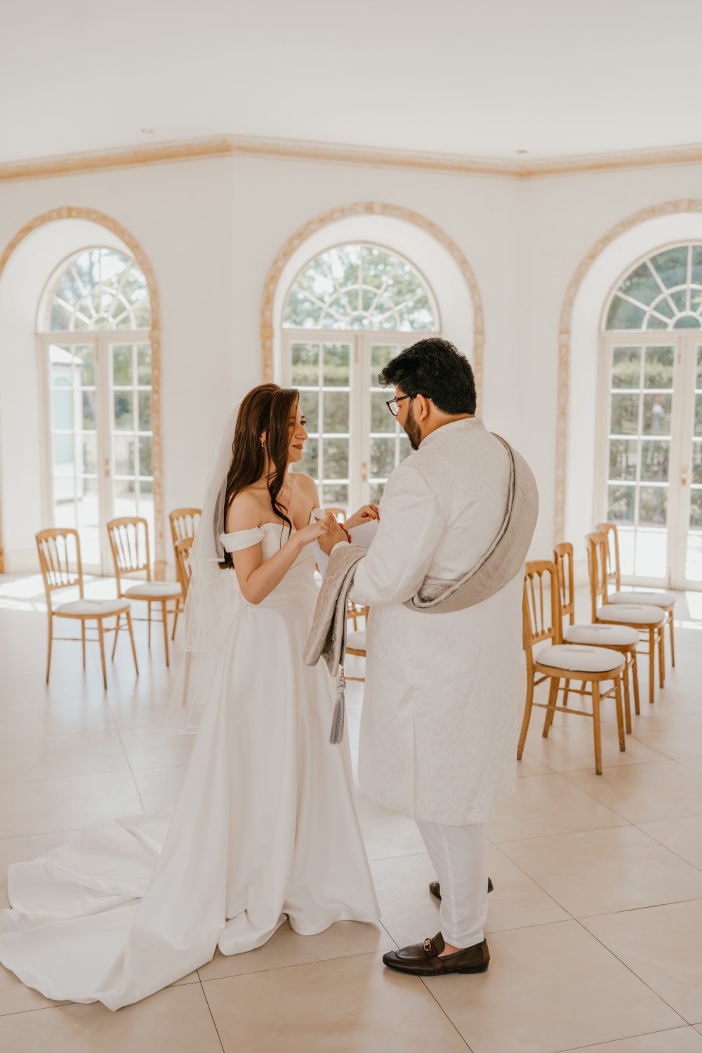 bride and groom first look at northbrook park wedding
