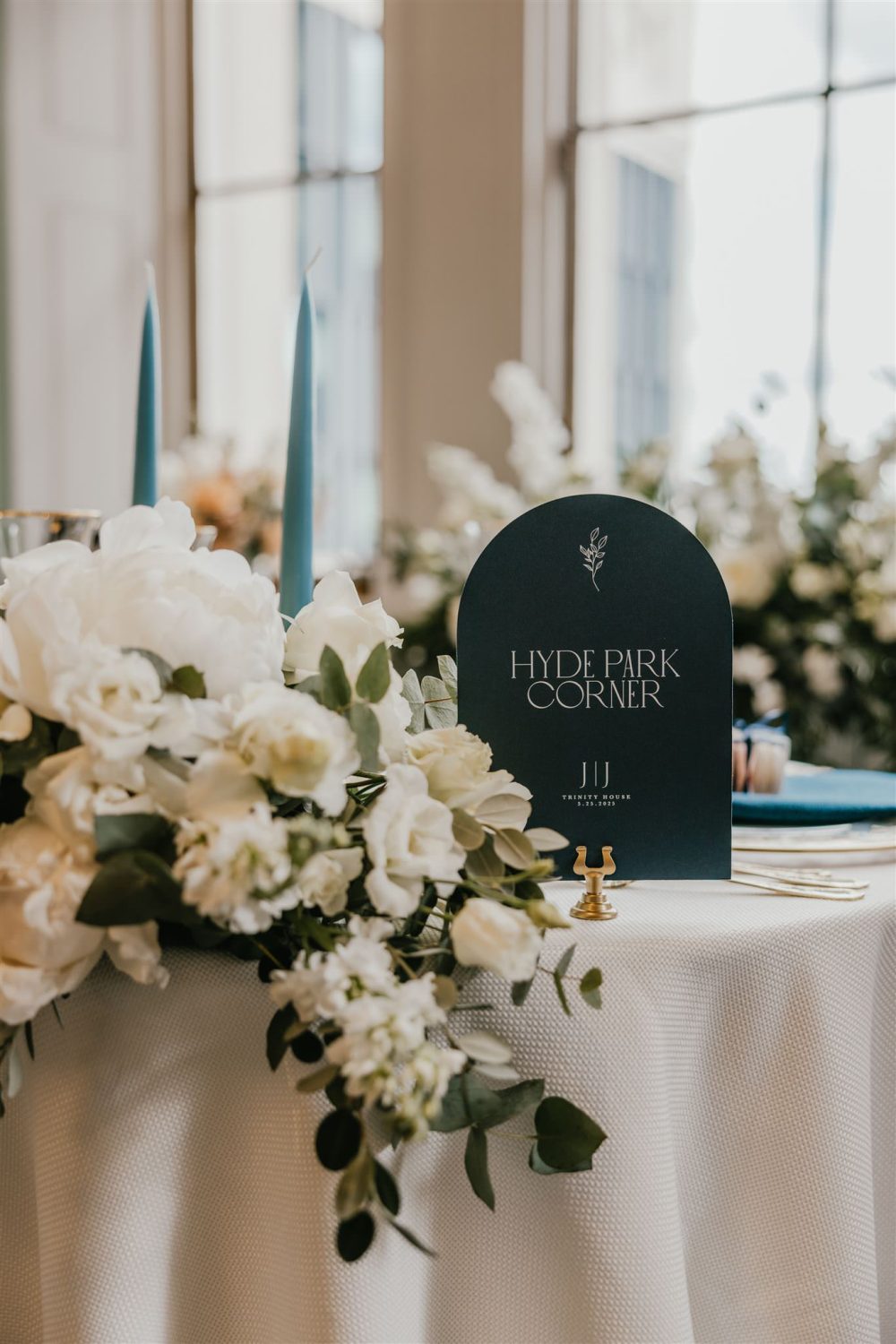 wedding breakfast setup in the library at trinity house wedding venue in london