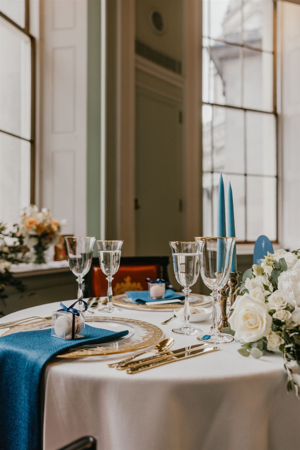 wedding breakfast setup in the library at trinity house wedding venue in london