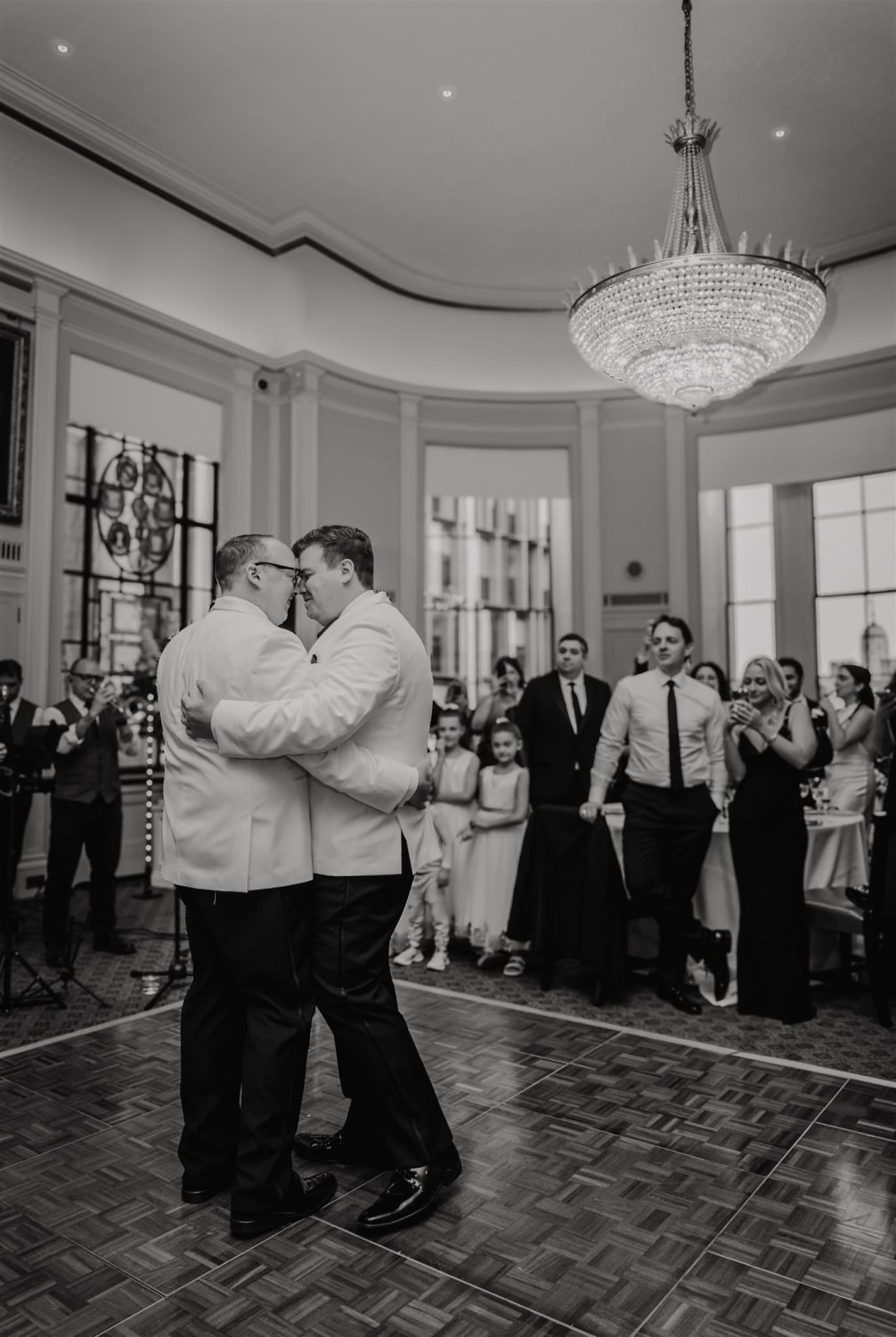 black and white photo of grooms first dance at trinity house wedding in london