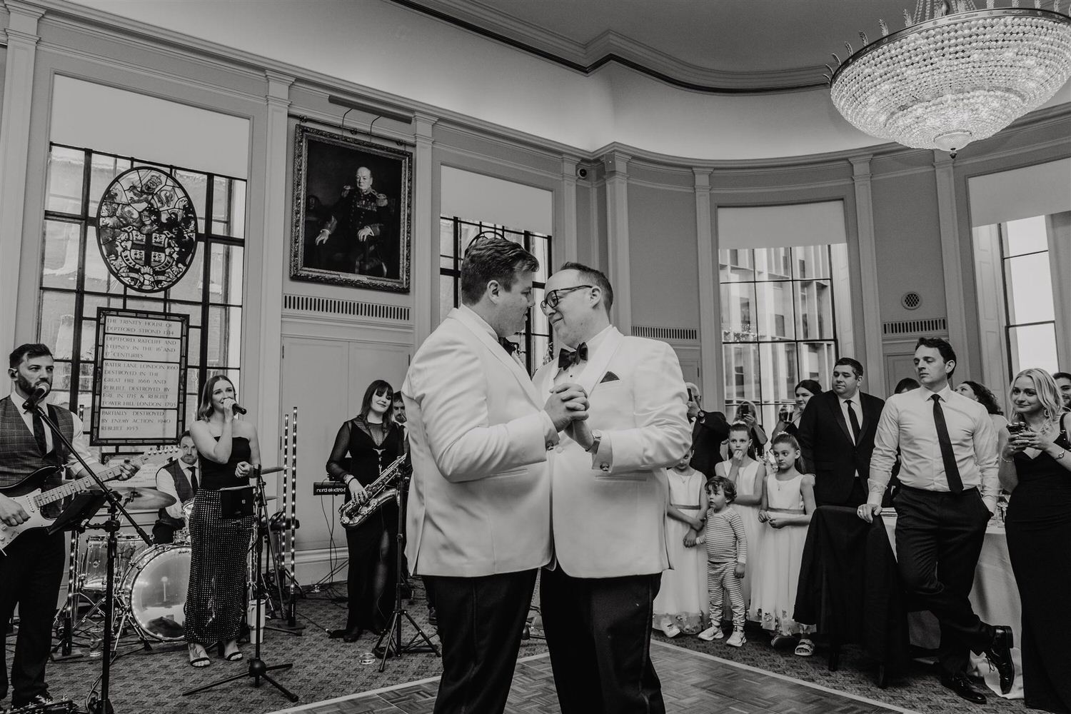 black and white photo of grooms first dance at trinity house wedding in london