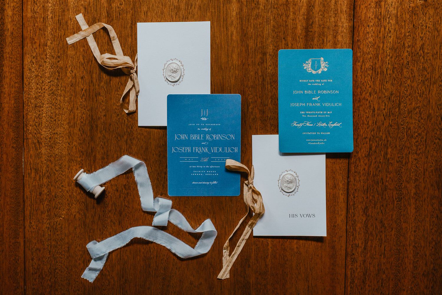 blue and gold wedding stationery flatlay