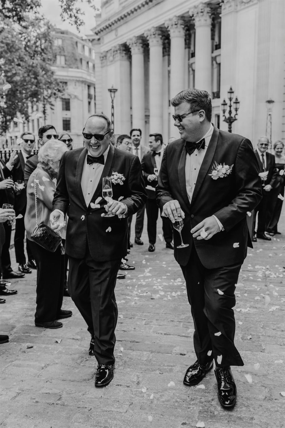 black and white photo of confetti moment at trinity house wedding in london