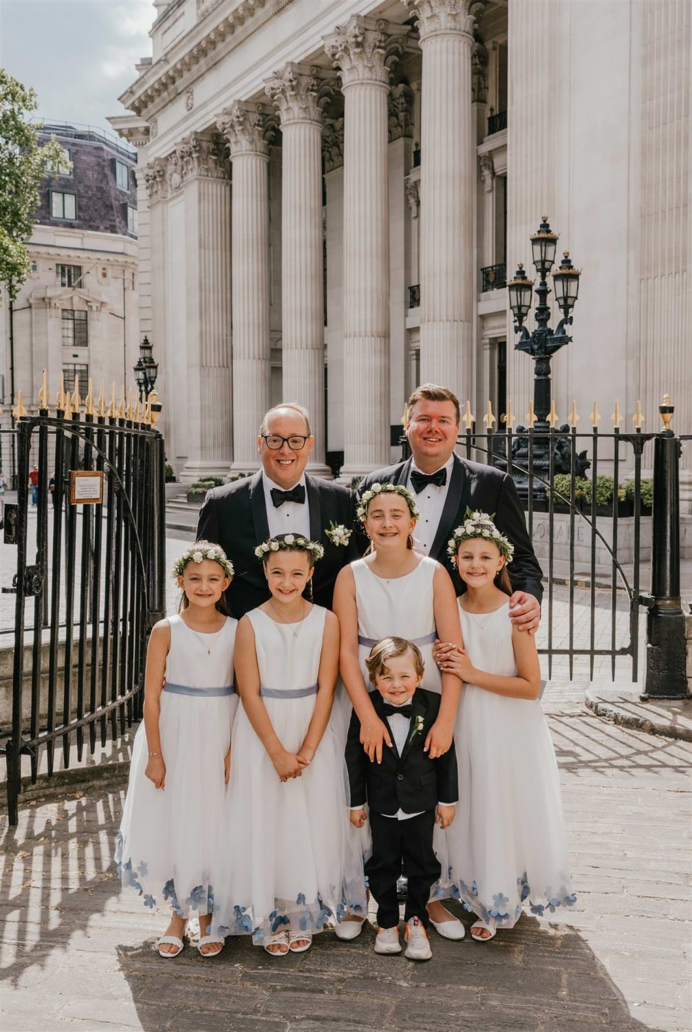 wedding party portrait outside trinity house london wedding