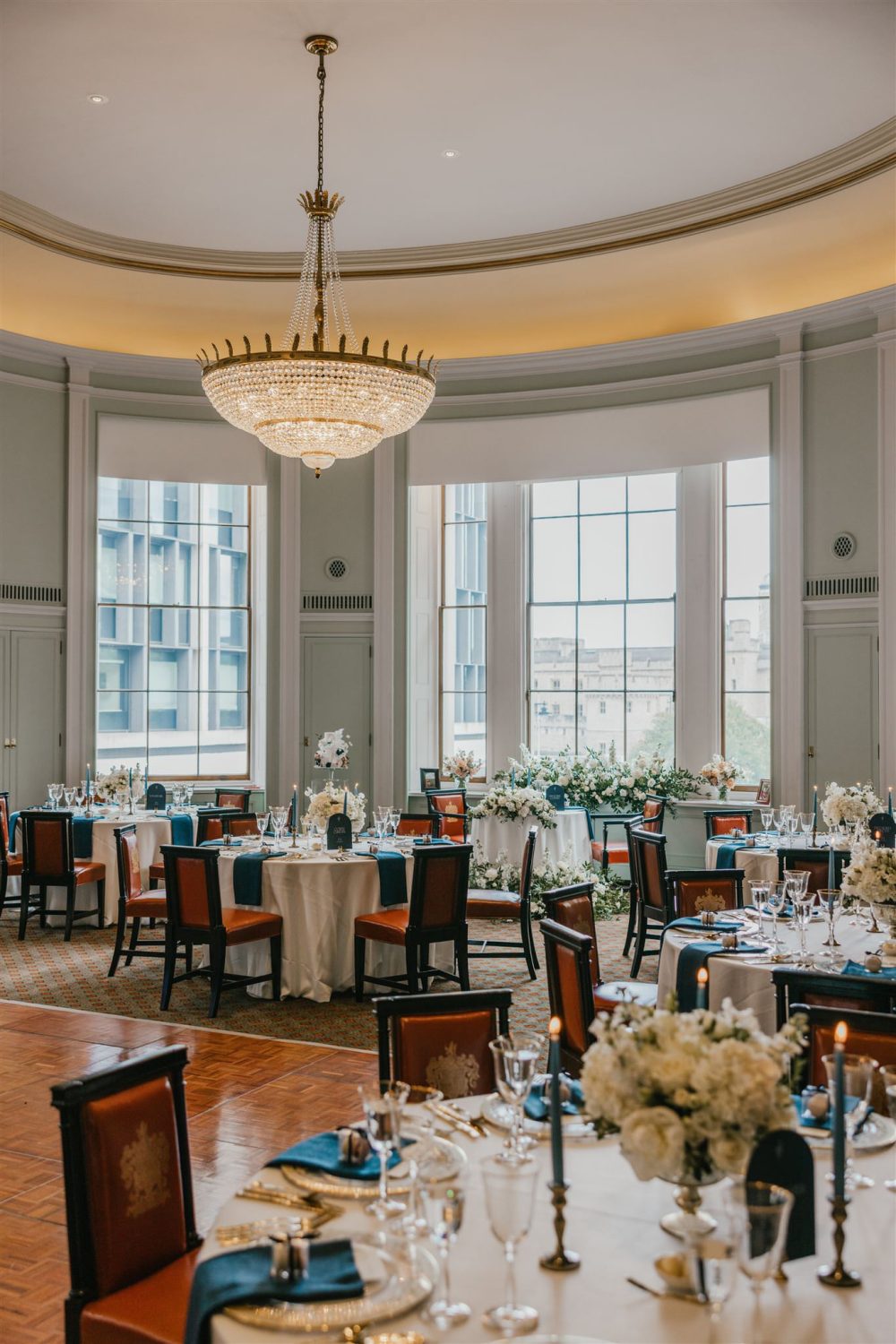 wedding breakfast setup in the library at trinity house wedding venue in london