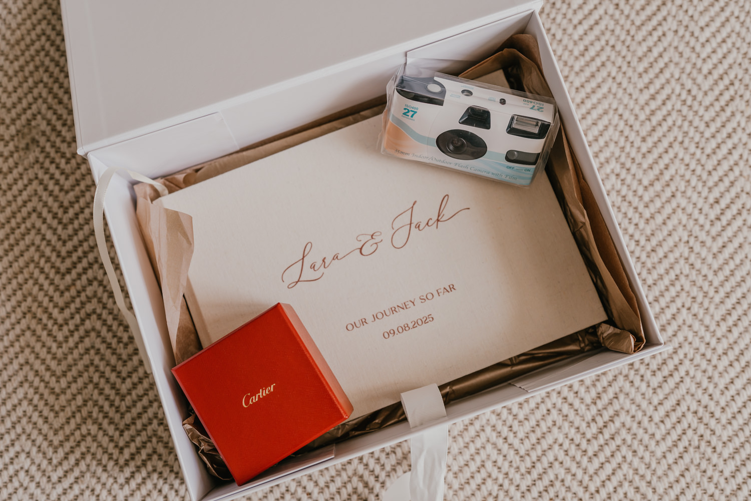 bride gift box with album, camera and cartier jewellery
